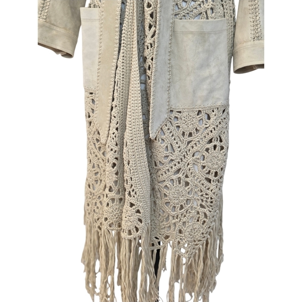 Jonathan Simkhai Yani Combo crochet and suede trench coat With Fringes, Beige M - Picture 13 of 16